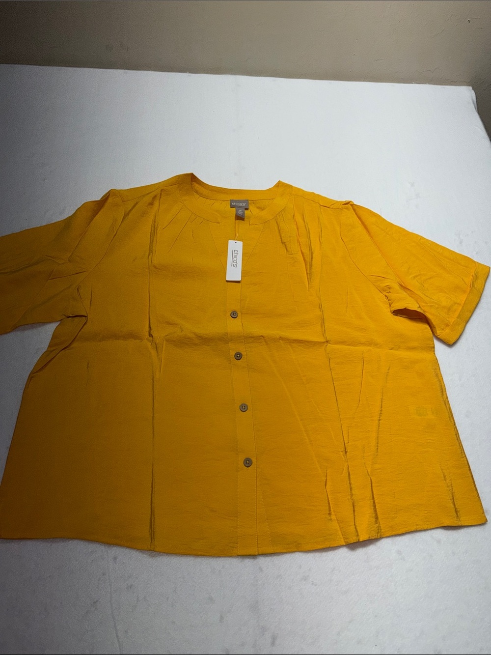 Chico’s Short-Sleeve Button Front Shirt in Mustard Yellow 4 NWT